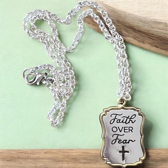 Silver and Gold Toned Pendant Necklace with Cross Detail “Faith Over Fear” - Picture 6 of 17